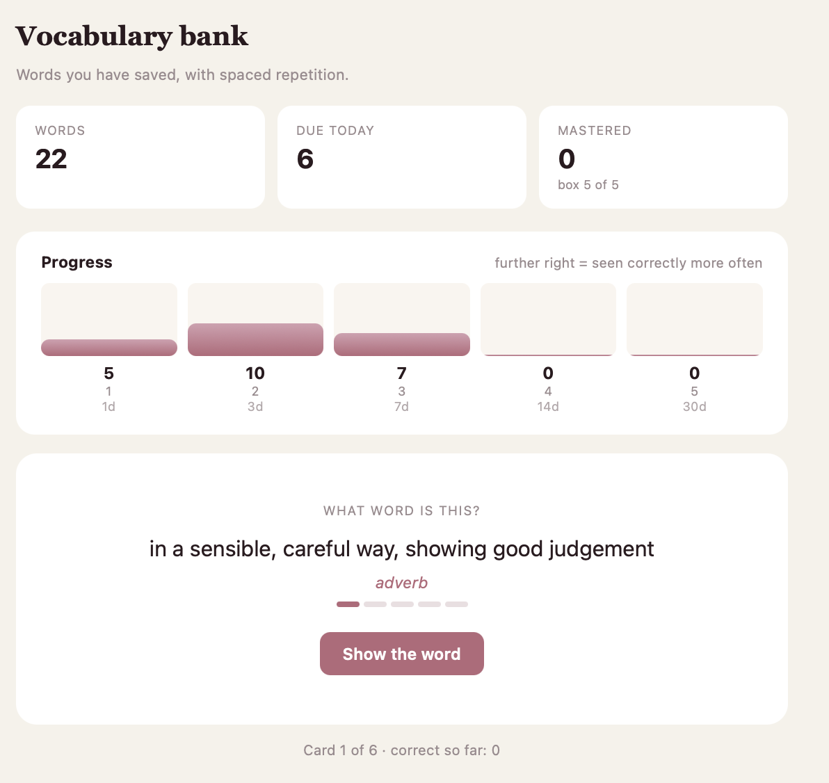 Vocabulary bank showing words spread across five repetition levels