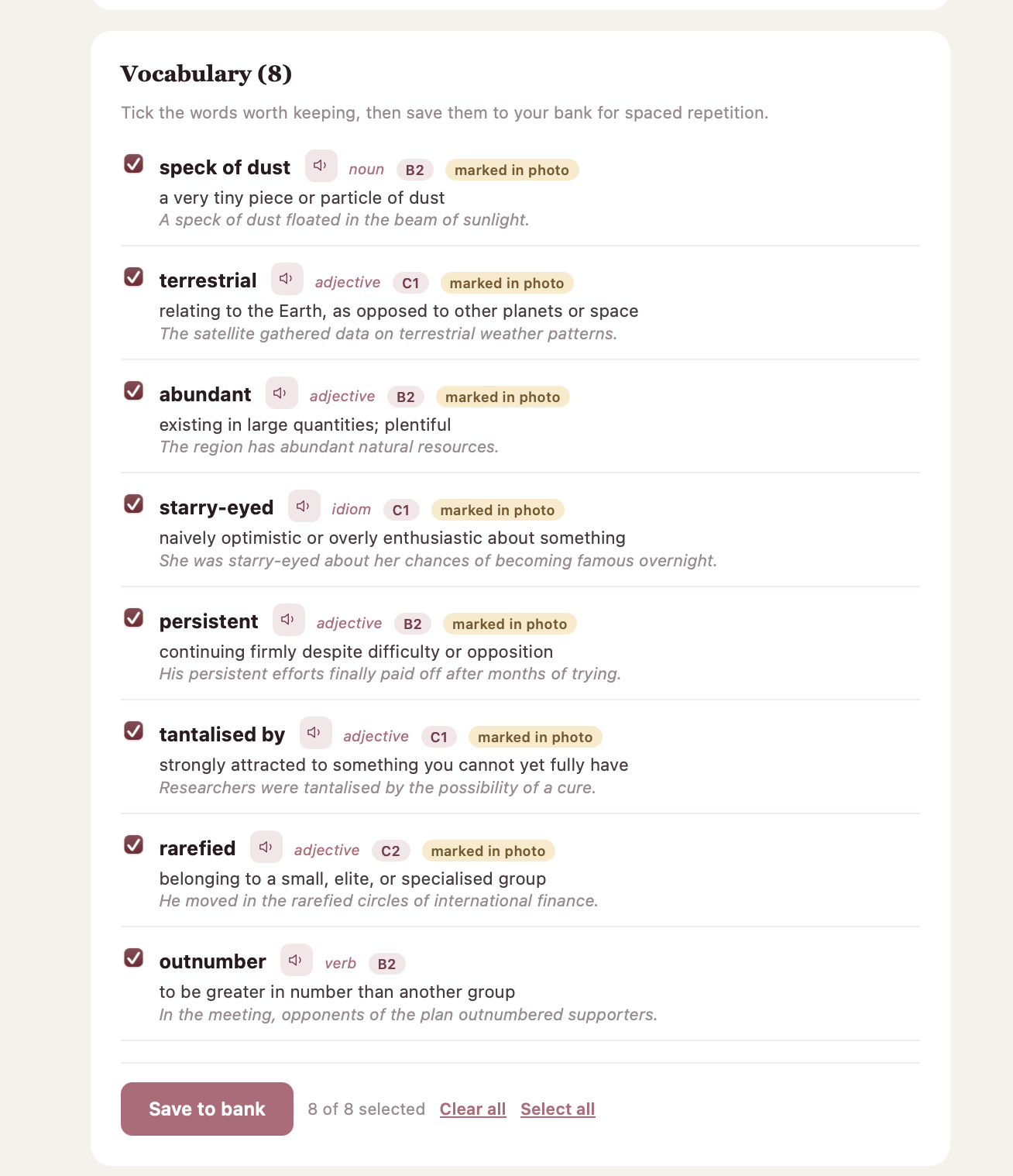 A generated list of eight words with definitions and examples